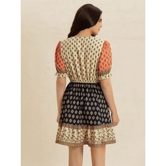 Casual Mod Print Colorblock Dotted V-Neck Short Sleeve Country Dress Sz XL - Picture 8 of 10